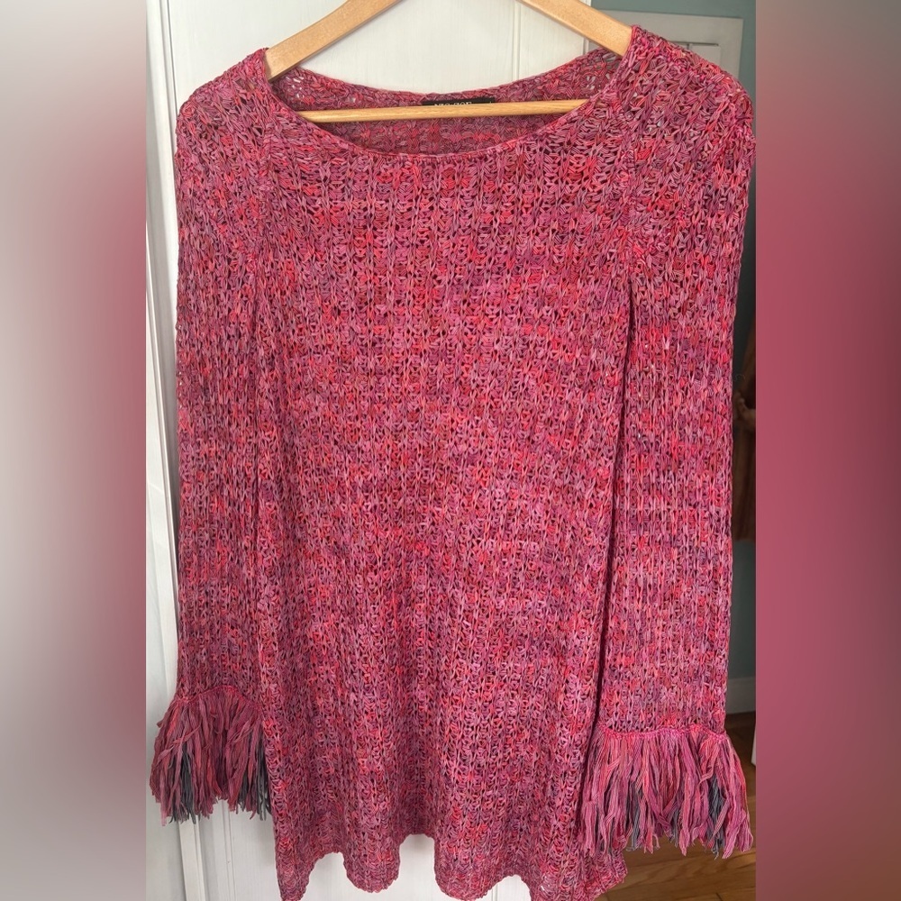 Fringe Bohemian NIC+ZOE crochet knit Sweater with fringe bell sleeve XL - Picture 3 of 9